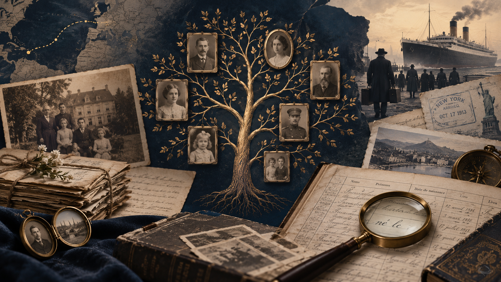 Documents anciens et photographie illustrant des découvertes réalisées grâce à la généalogie