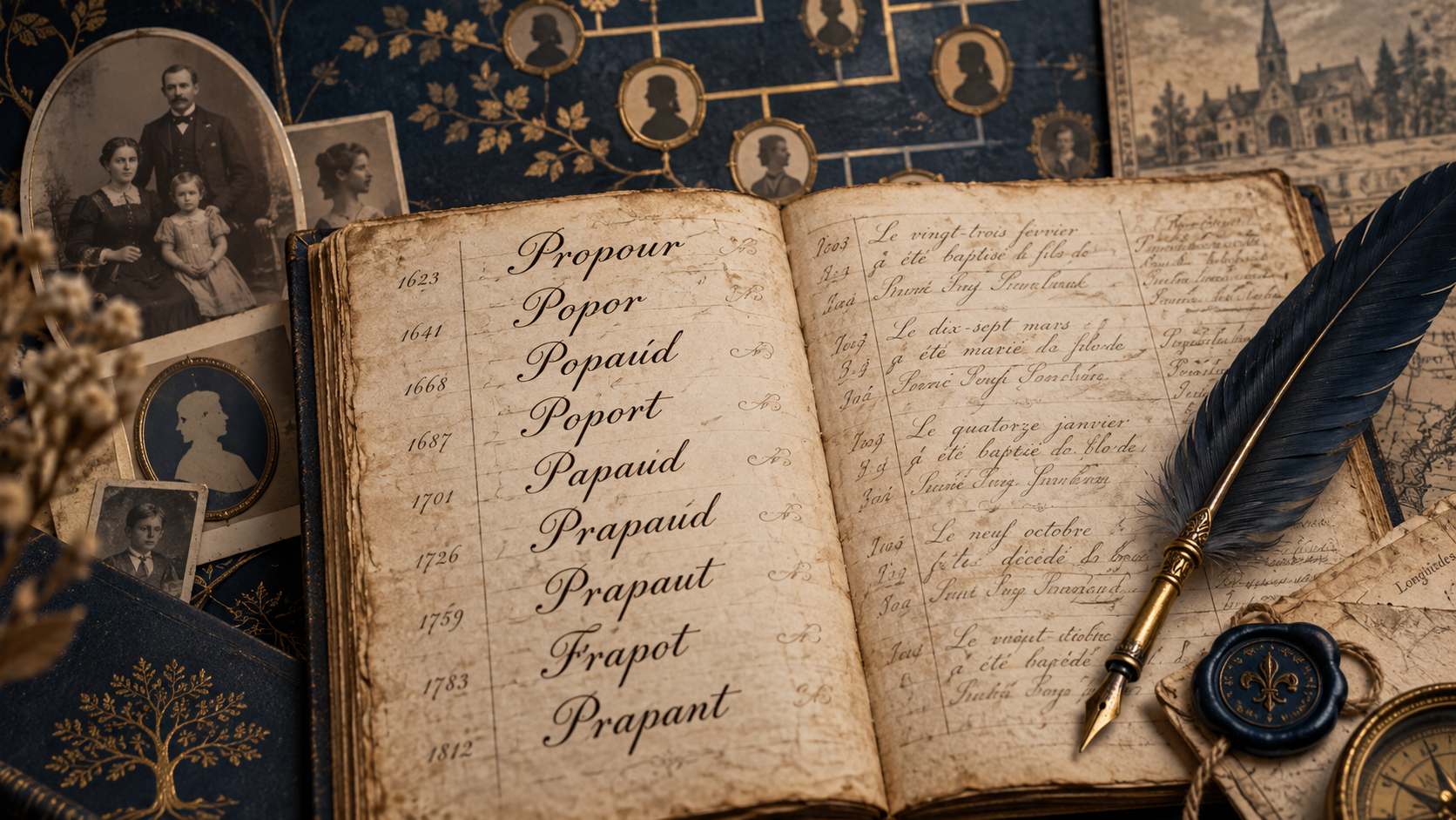 Ancien registre présentant plusieurs variantes d’un même nom de famille