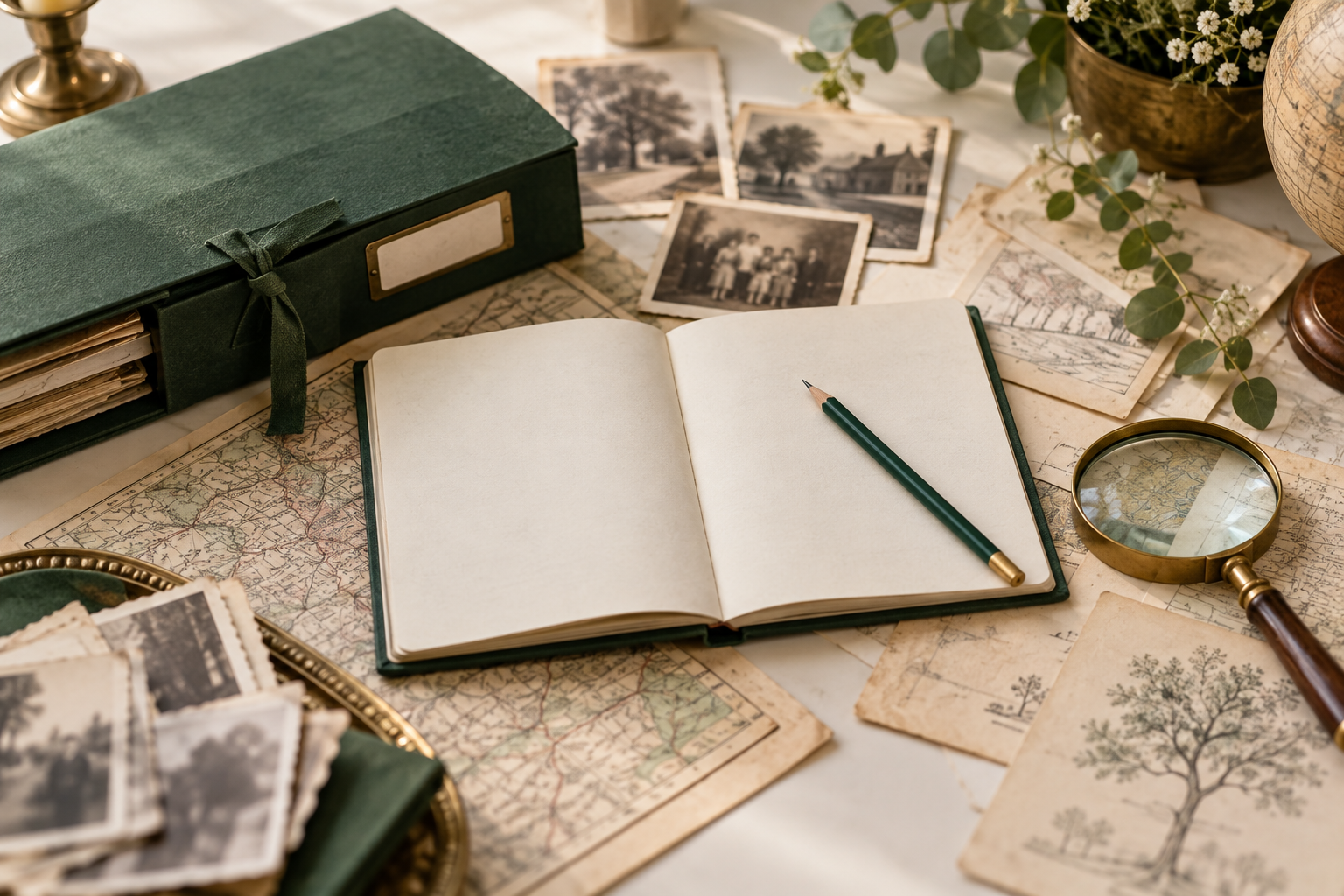 Illustration de préparation généalogique : carnet, photographies, cartes et loupe.