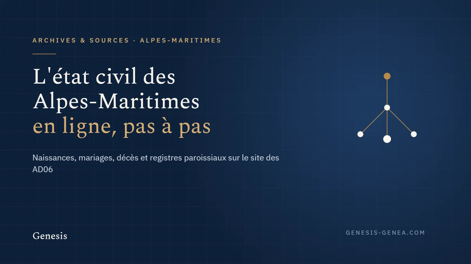 Couverture de l'article : consulter l'état civil des Alpes-Maritimes en ligne, avec un arbre généalogique stylisé en laiton sur fond bleu nuit
