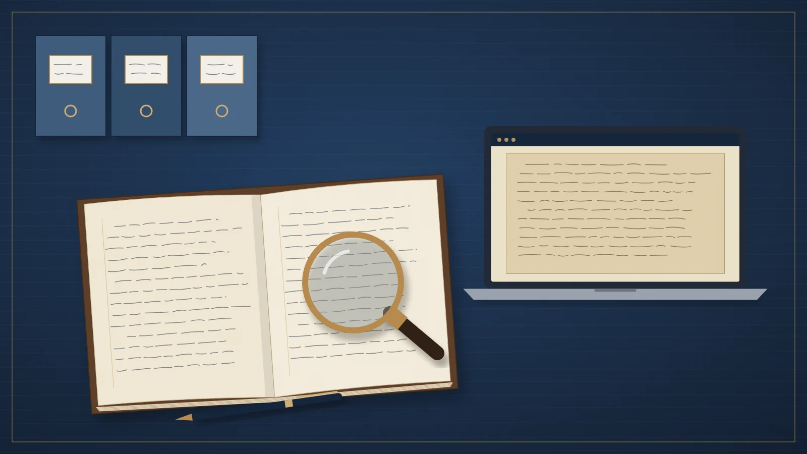 Illustration Genesis : registre d'état civil ouvert sous une loupe, boîtes d'archives et ordinateur affichant un registre numérisé