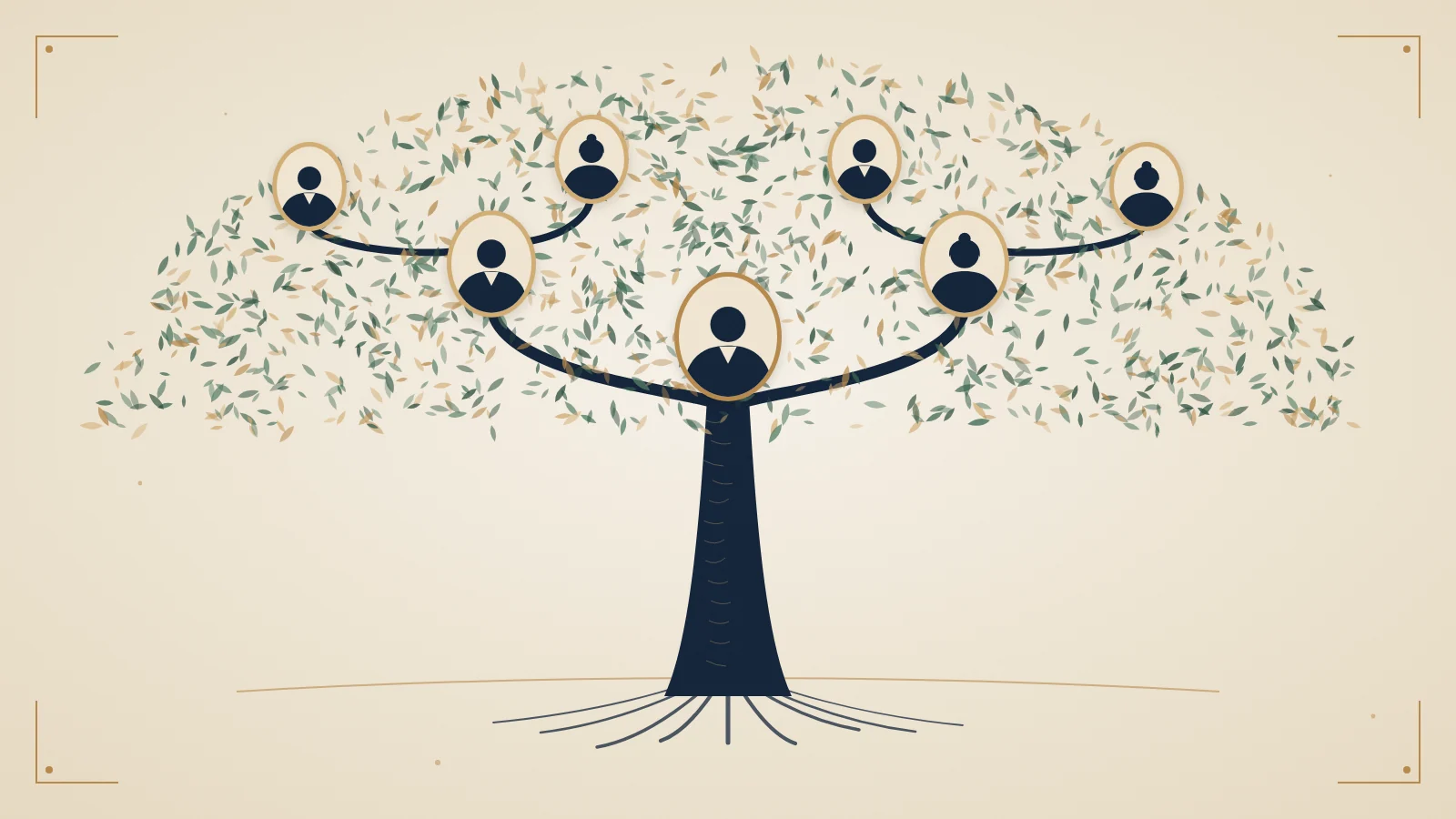 Illustration Genesis : arbre généalogique stylisé avec médaillons d'ancêtres sur trois générations
