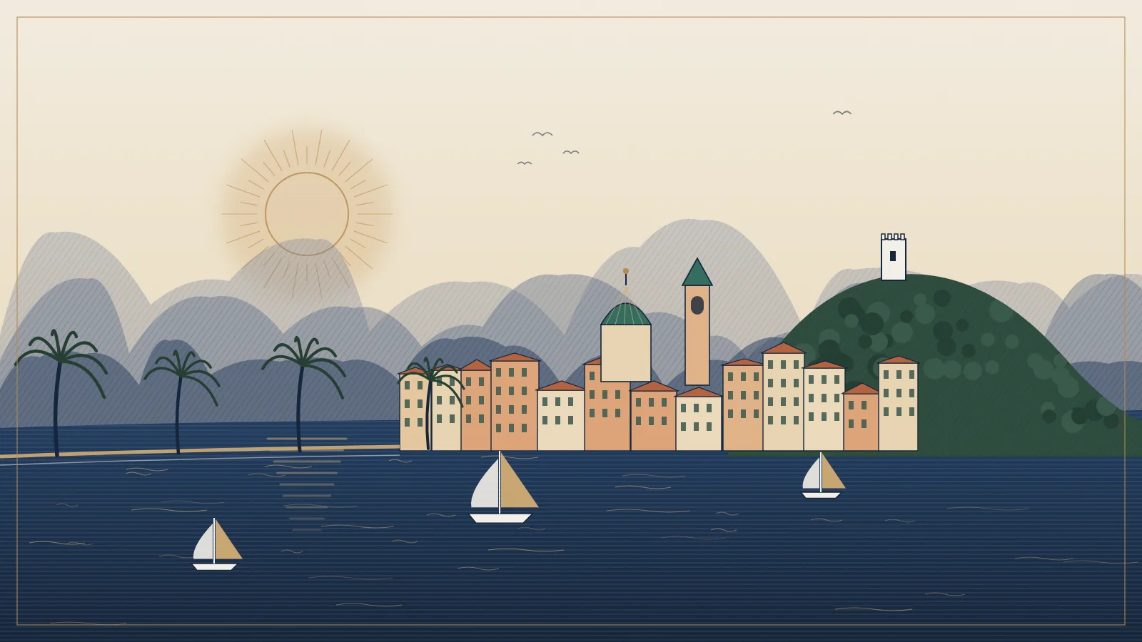 Illustration Genesis : vue stylisée de la baie de Nice, la vieille ville, la colline du Château et les Alpes