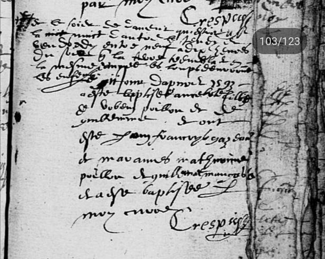 Note manuscrite de 1593 dans le registre de baptêmes de Fougeré