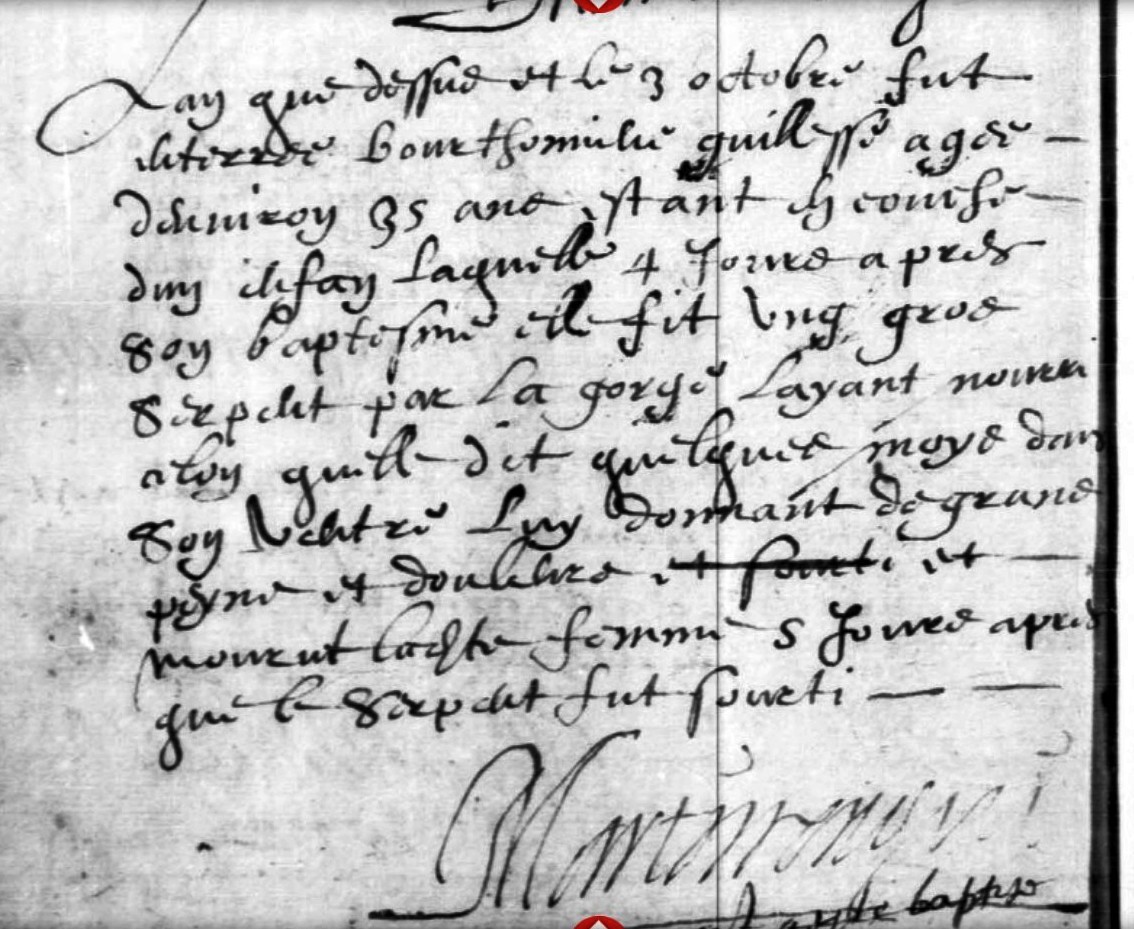 Acte manuscrit de sépulture mentionnant un serpent à La Motte en 1616