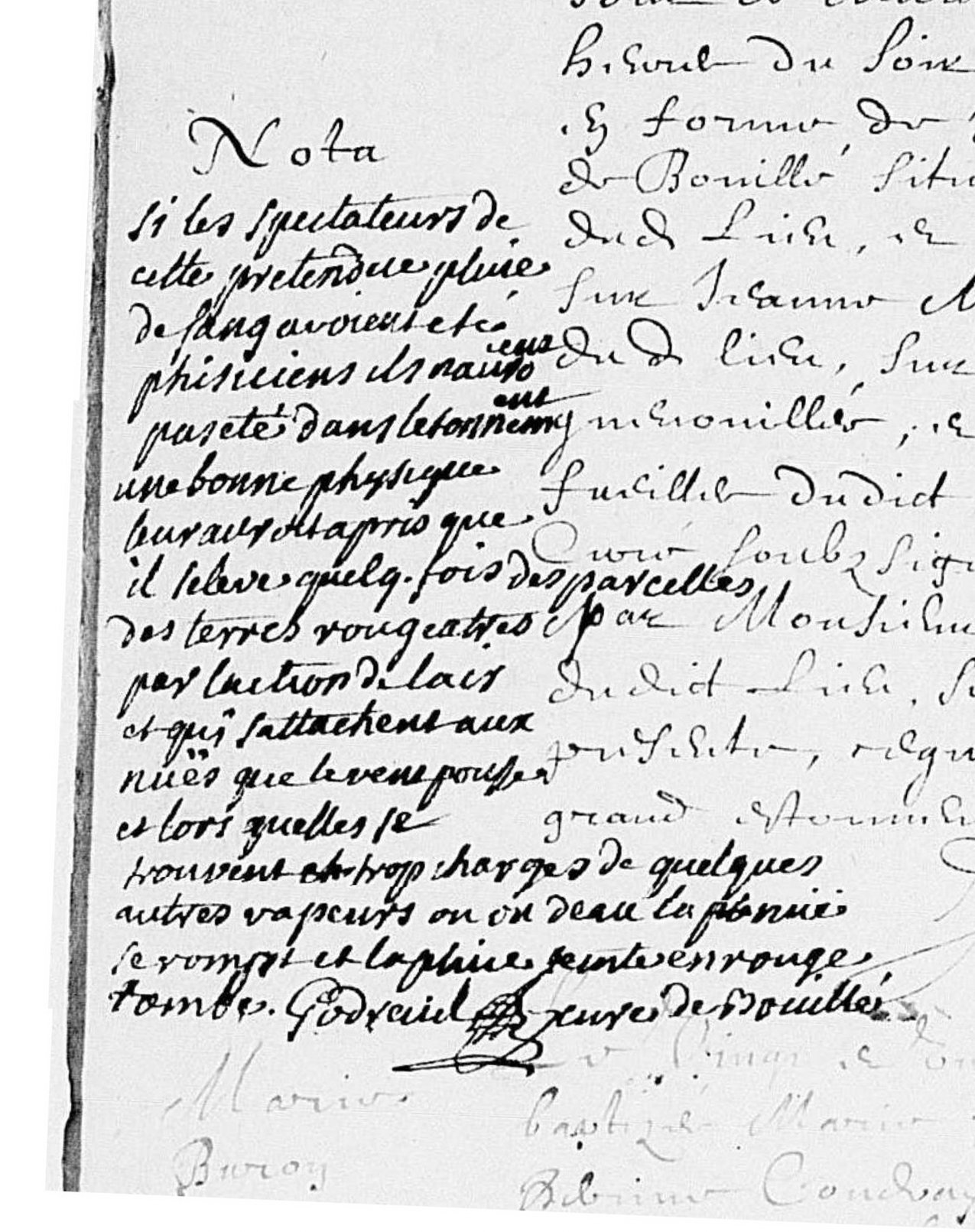 Marge d’un registre de Bouillé-Ménard expliquant une pluie rouge