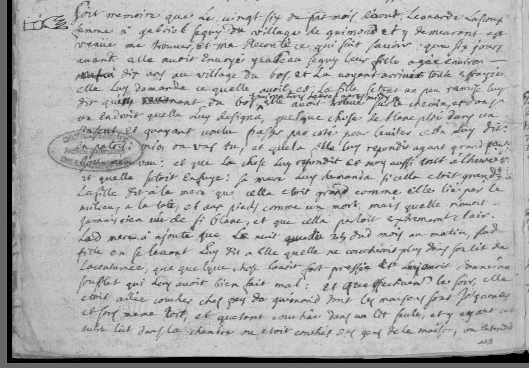 Page du registre de Segonzac relatant le témoignage d’Isabeau Seguy en 1702