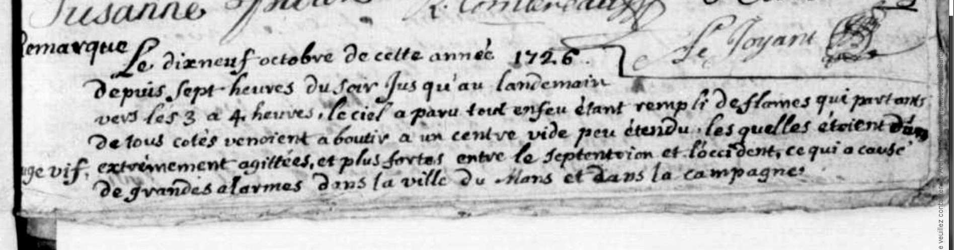 Note du registre de La Quinte décrivant le ciel en feu le 19 octobre 1726