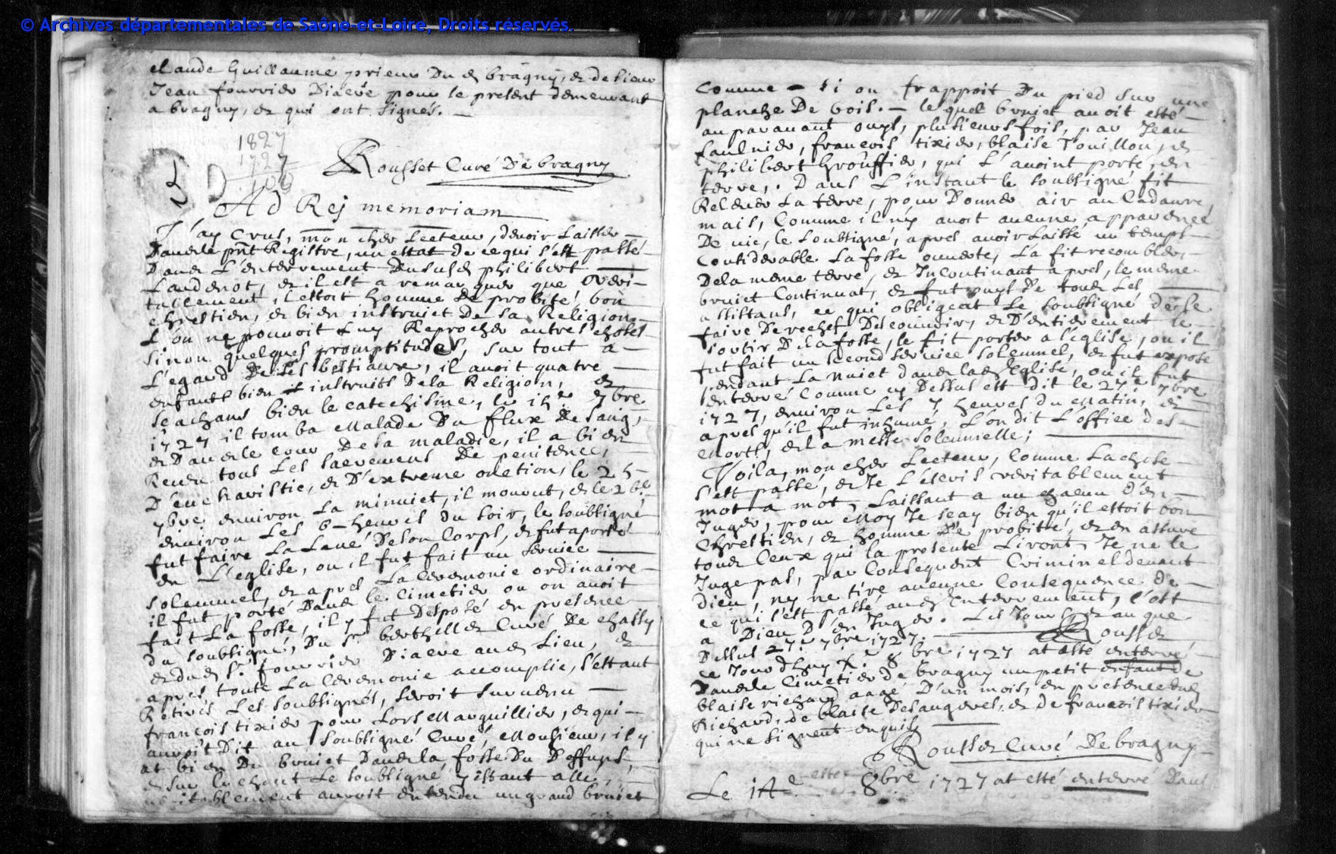 Double page du registre de Bragny relatant les bruits entendus dans une tombe en 1727